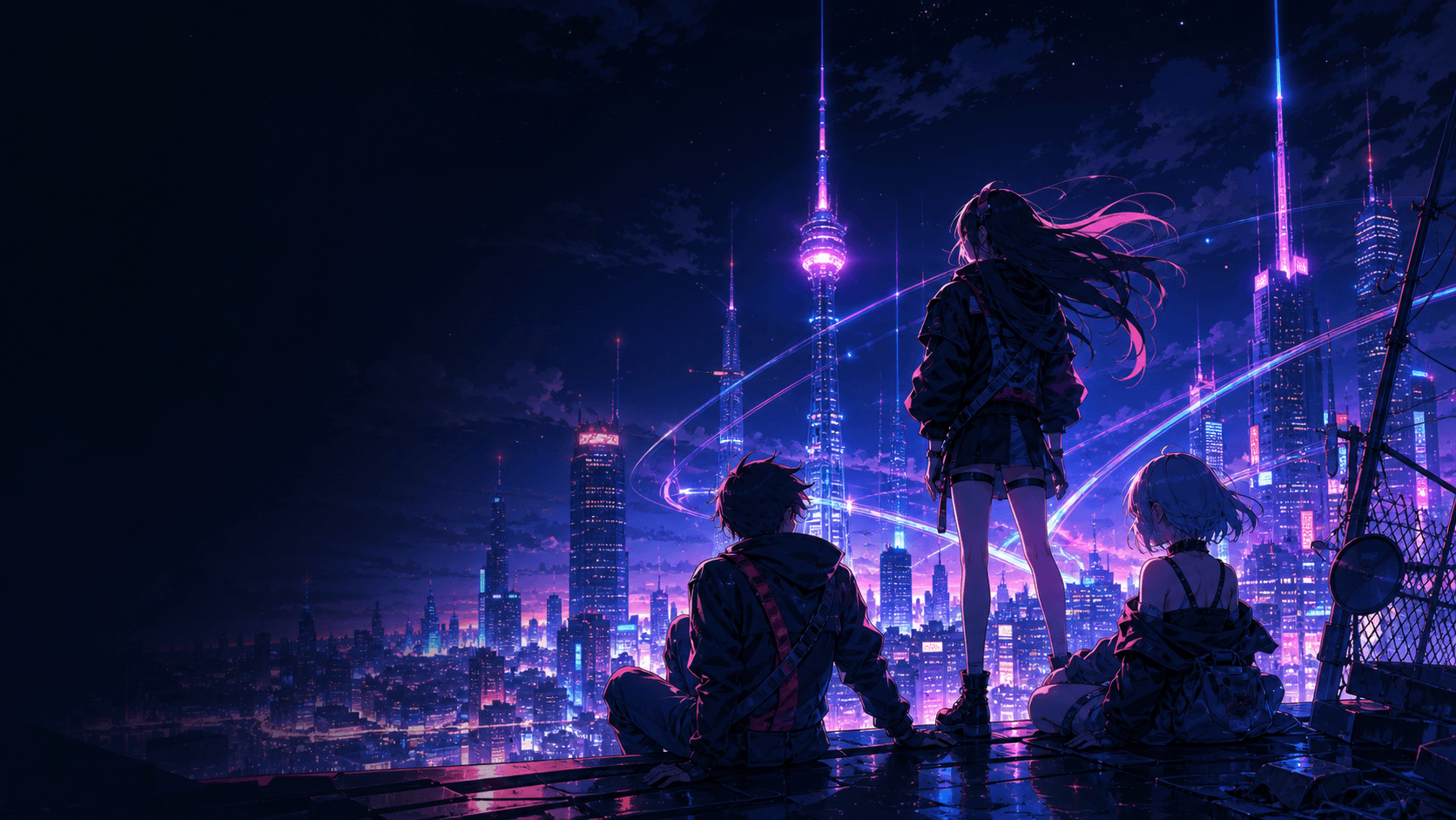 Original anime-style rooftop scene overlooking a neon night city